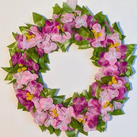 Dark and Light Pink Hydrangeas with Green Leaves and Yellow Buds Faux Floral Wreath
