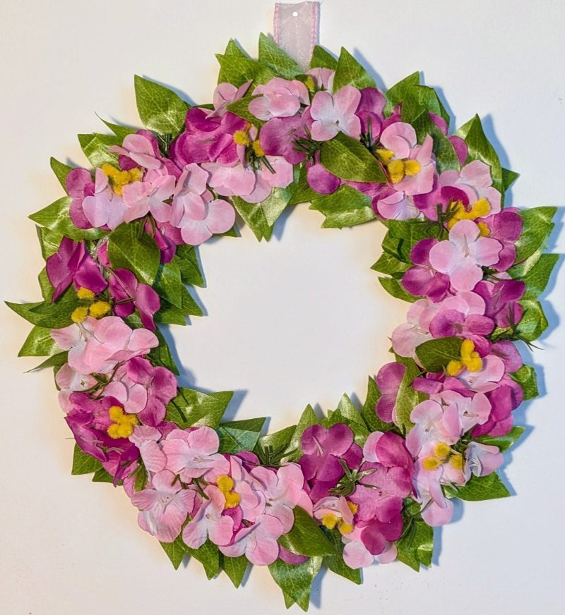 Dark and Light Pink Hydrangeas with Green Leaves and Yellow Buds Faux Floral Wreath