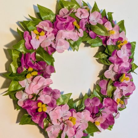 Dark and Light Pink Hydrangeas with Green Leaves and Yellow Buds Faux Floral Wreath