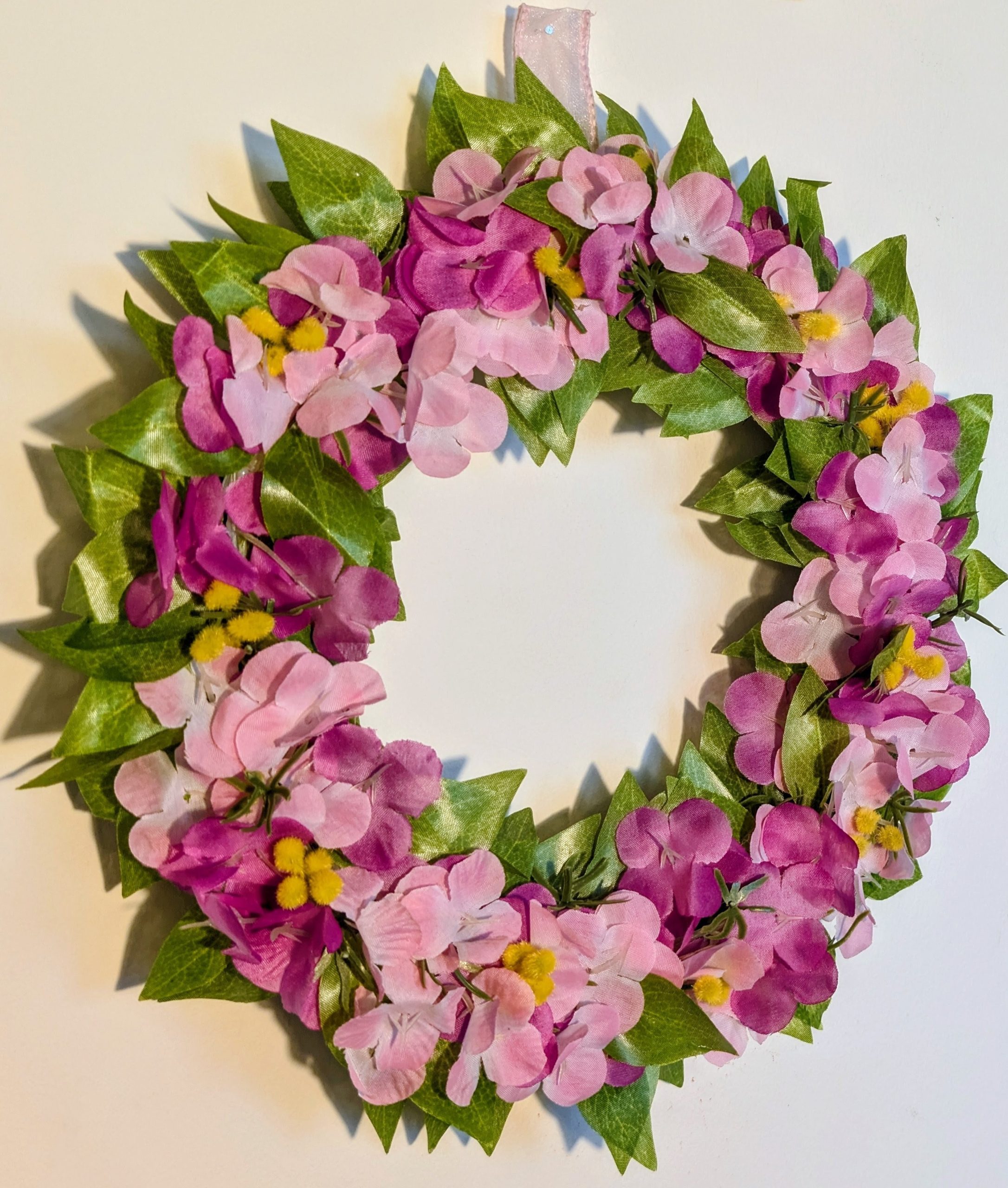 Dark and Light Pink Hydrangeas with Green Leaves and Yellow Buds Faux Floral Wreath