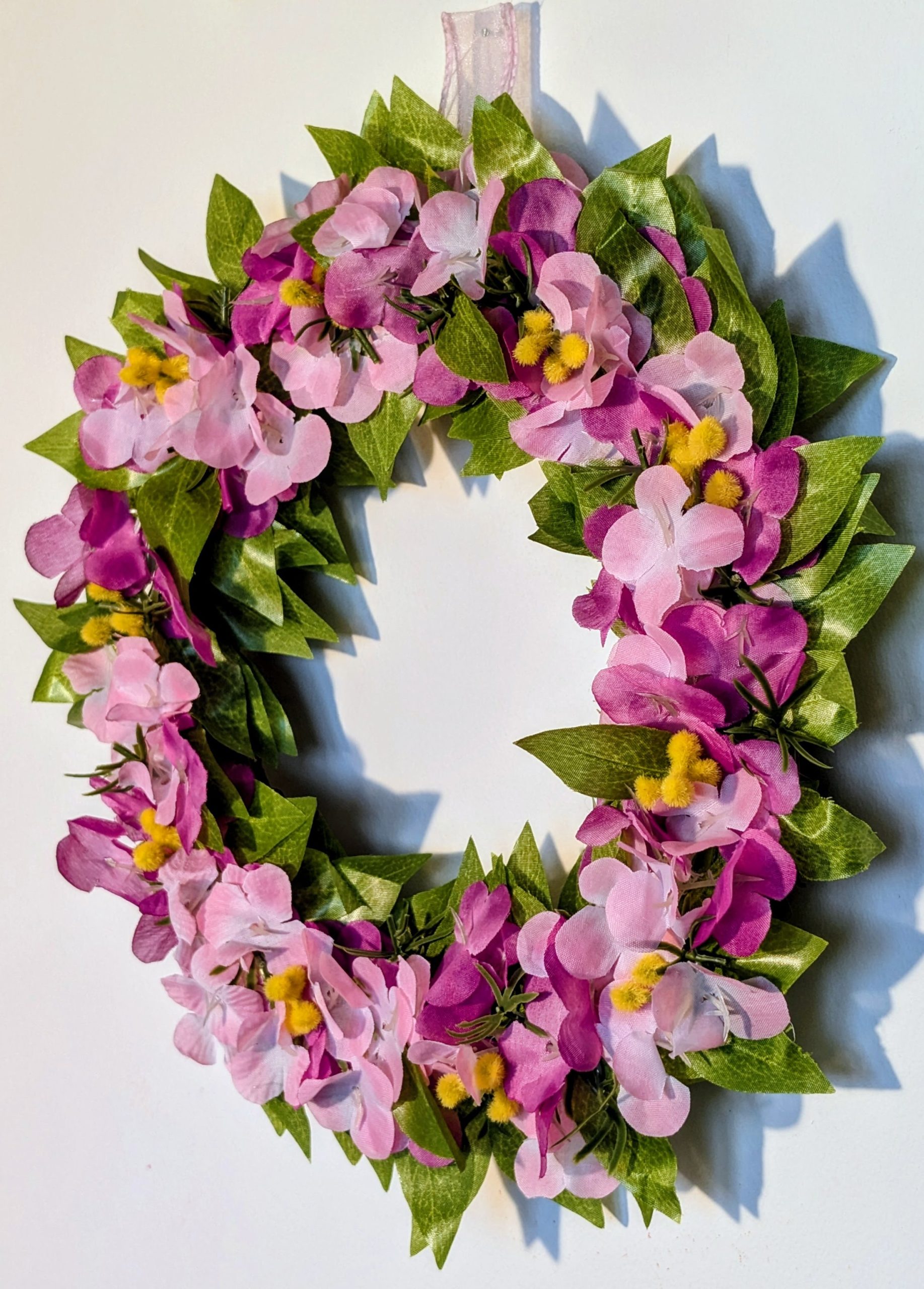 Dark and Light Pink Hydrangeas with Green Leaves and Yellow Buds Faux Floral Wreath