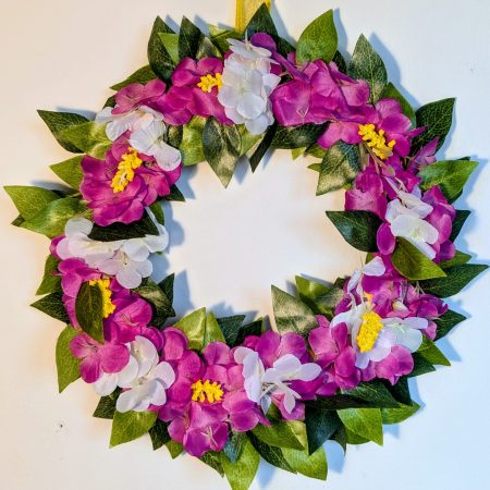 Pink and White Hydrangeas with Yellow Buds and Green Leaves Faux Floral Wreath