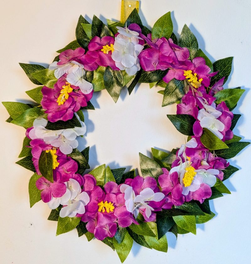 Pink and White Hydrangeas with Yellow Buds and Green Leaves Faux Floral Wreath