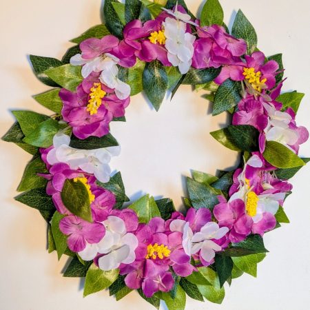 Pink and White Hydrangeas with Yellow Buds and Green Leaves Faux Floral Wreath