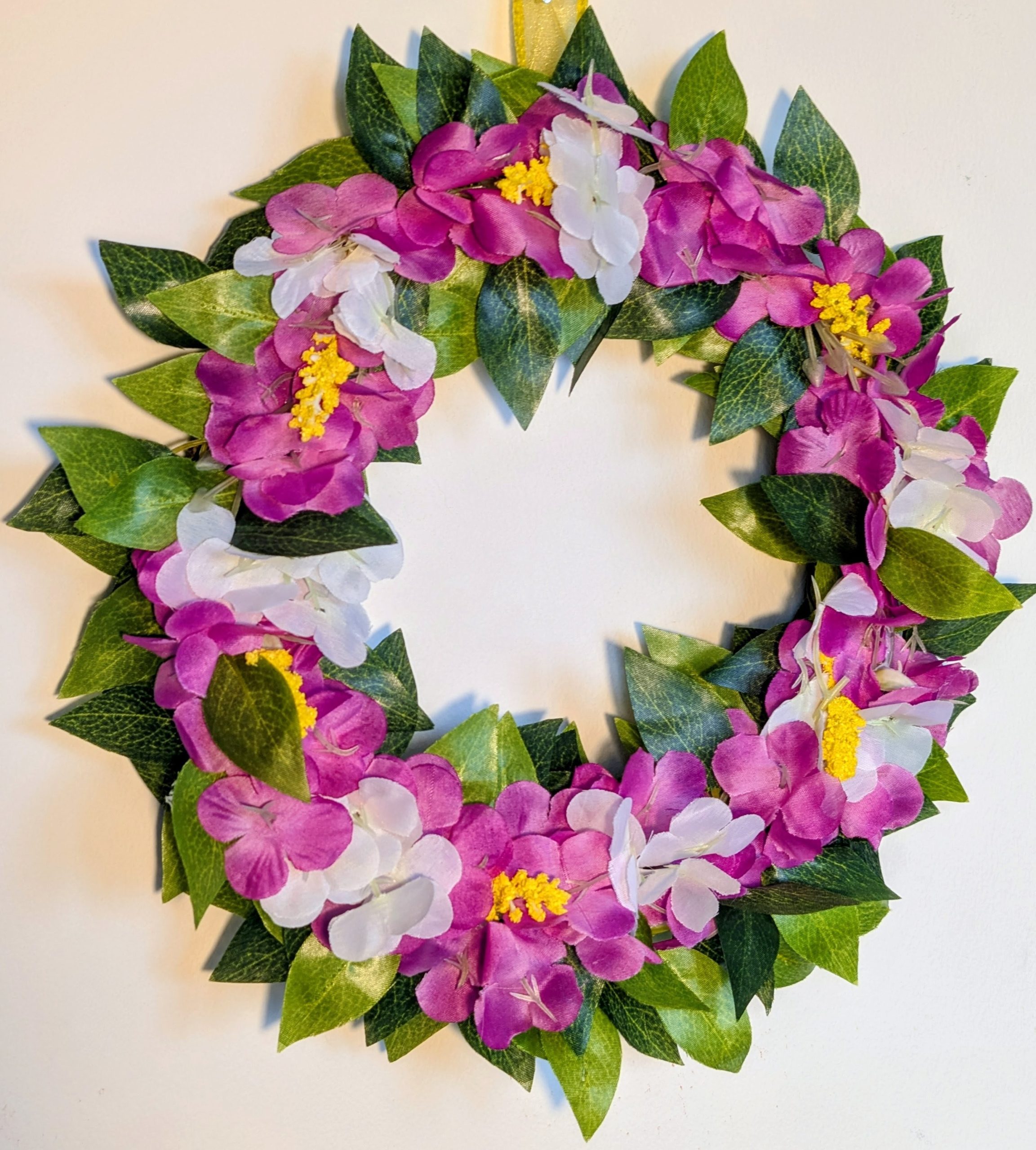 Pink and White Hydrangeas with Yellow Buds and Green Leaves Faux Floral Wreath