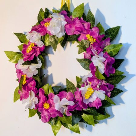Pink and White Hydrangeas with Yellow Buds and Green Leaves Faux Floral Wreath