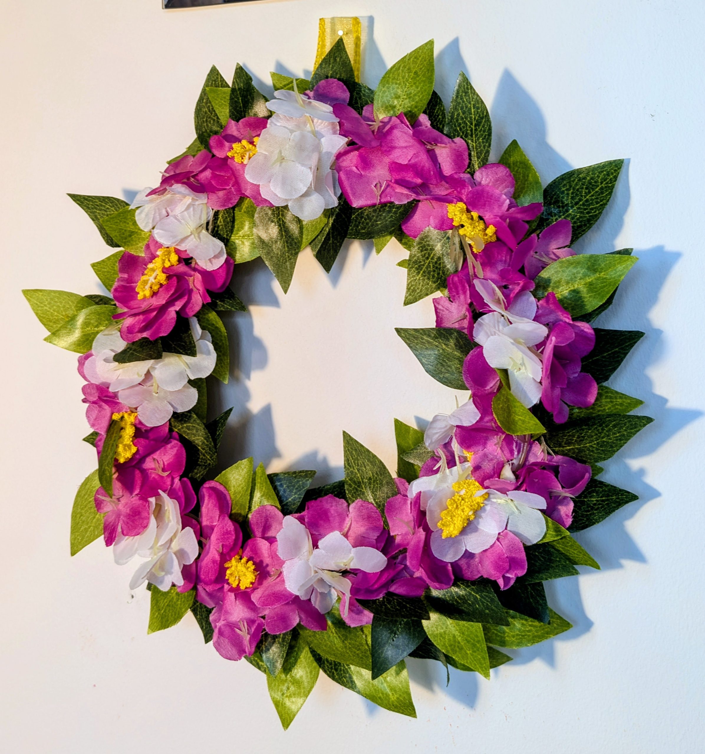 Pink and White Hydrangeas with Yellow Buds and Green Leaves Faux Floral Wreath