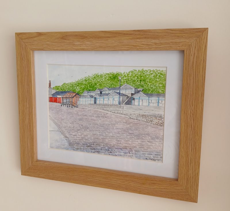Beach Chalets, Coble Landing, Filey framed original watercolour