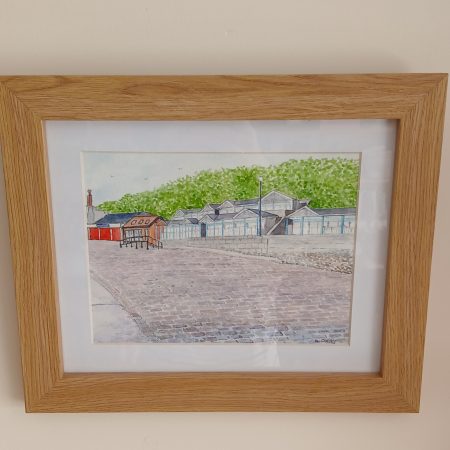 Beach Chalets, Coble Landing, Filey framed original watercolour