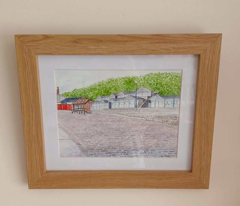 Beach Chalets, Coble Landing, Filey framed original watercolour