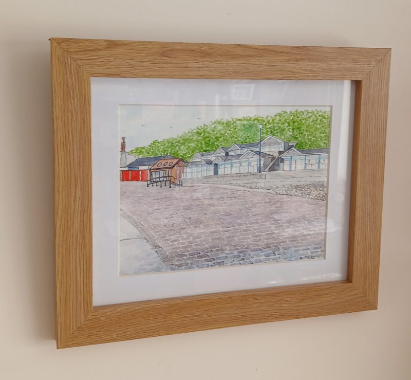 Beach Chalets, Coble Landing, Filey framed original watercolour