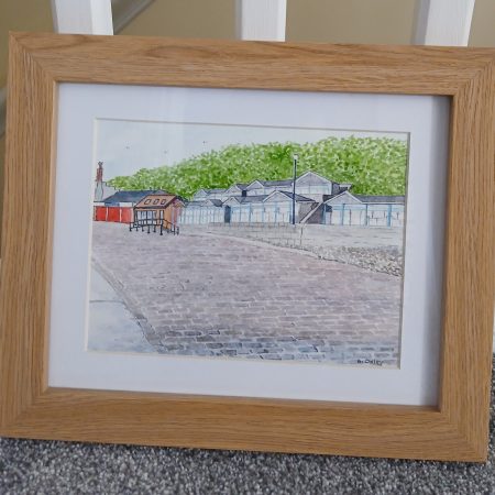Beach Chalets, Coble Landing, Filey framed original watercolour