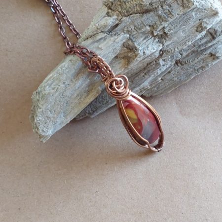 Copper wire wrapped Mookaite pendant and chain
