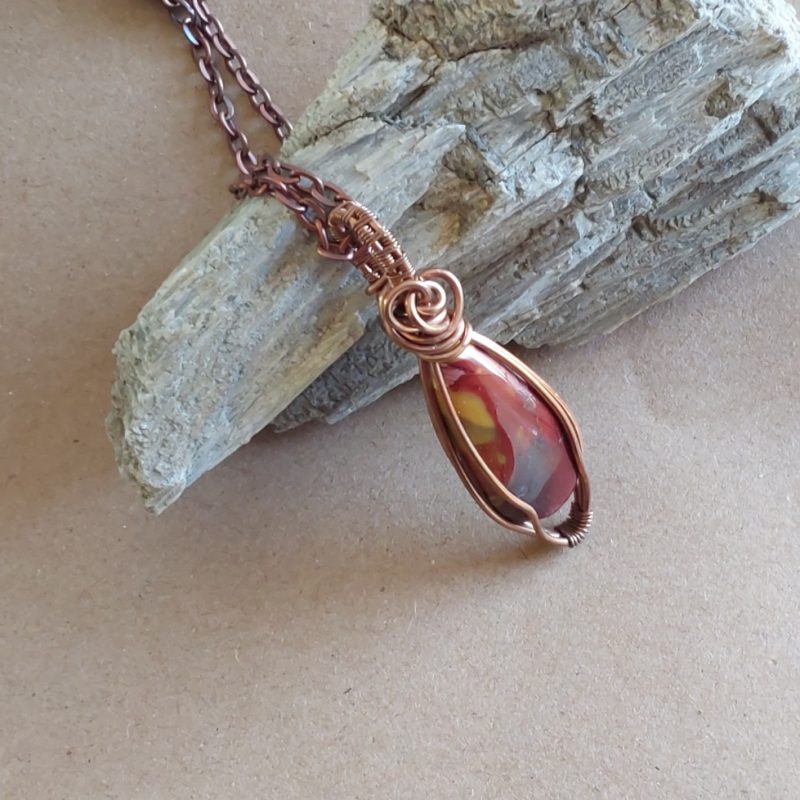 Copper wire wrapped Mookaite pendant and chain
