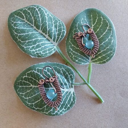 Copper wire weave Blue Cats Eye dangly earrings with Niobium hypoallergenic ear wires