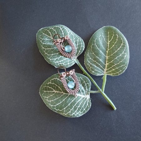 Copper wire weave Blue Cats Eye dangly earrings with Niobium hypoallergenic ear wires