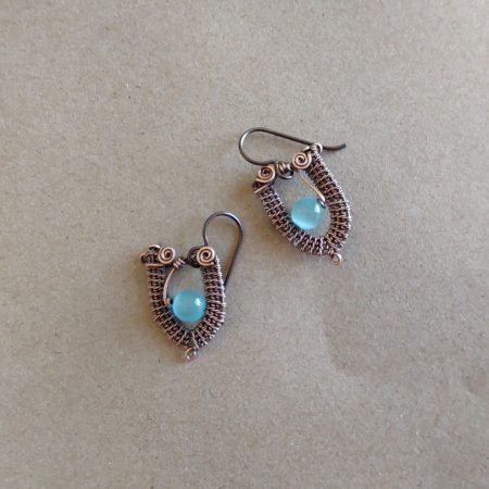 Copper wire weave Blue Cats Eye dangly earrings with Niobium hypoallergenic ear wires