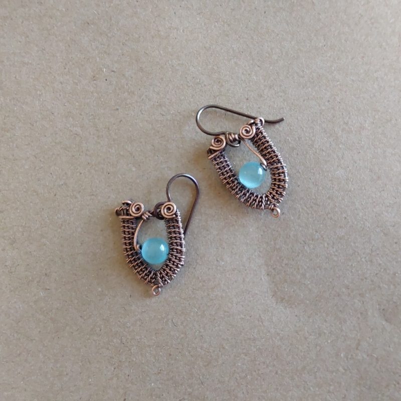 Copper wire weave Blue Cats Eye dangly earrings with Niobium hypoallergenic ear wires