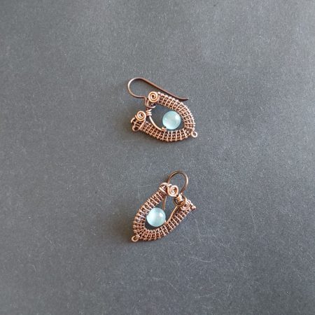 Copper wire weave Blue Cats Eye dangly earrings with Niobium hypoallergenic ear wires