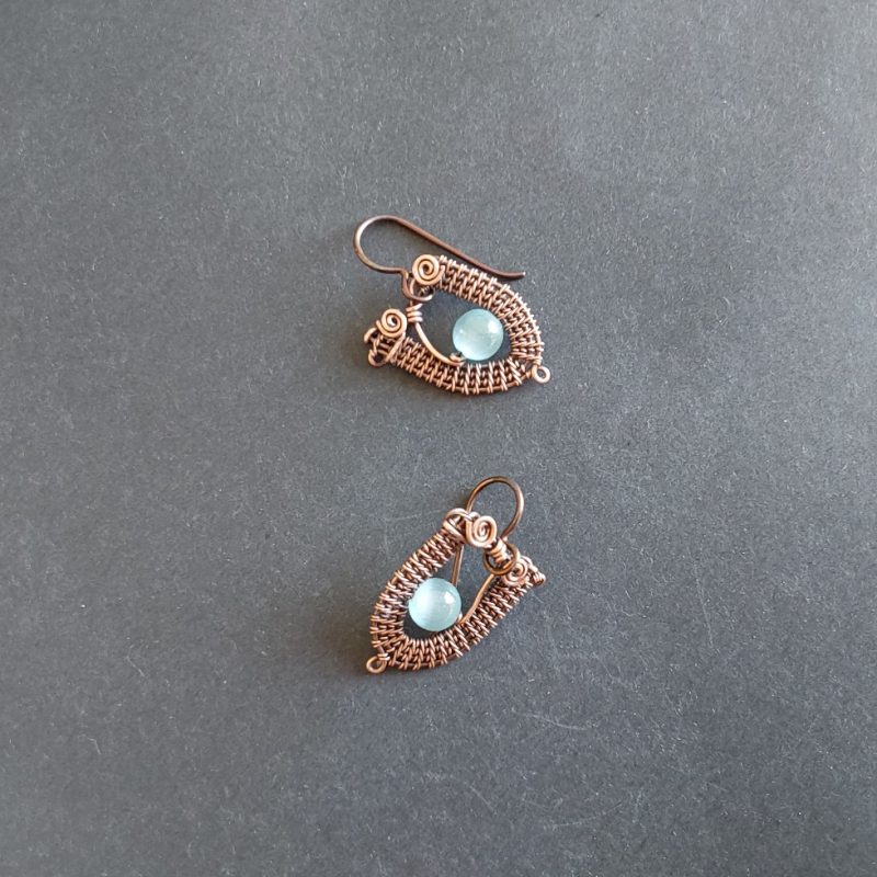 Copper wire weave Blue Cats Eye dangly earrings with Niobium hypoallergenic ear wires