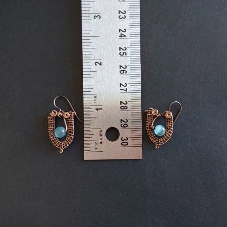 Copper wire weave Blue Cats Eye dangly earrings with Niobium hypoallergenic ear wires