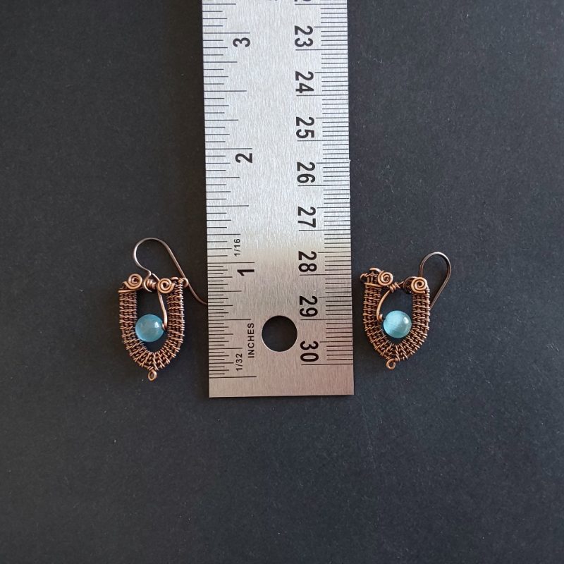 Copper wire weave Blue Cats Eye dangly earrings with Niobium hypoallergenic ear wires