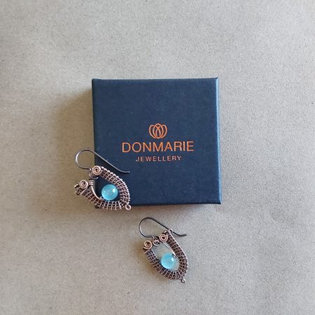 Copper wire weave Blue Cats Eye dangly earrings with Niobium hypoallergenic ear wires