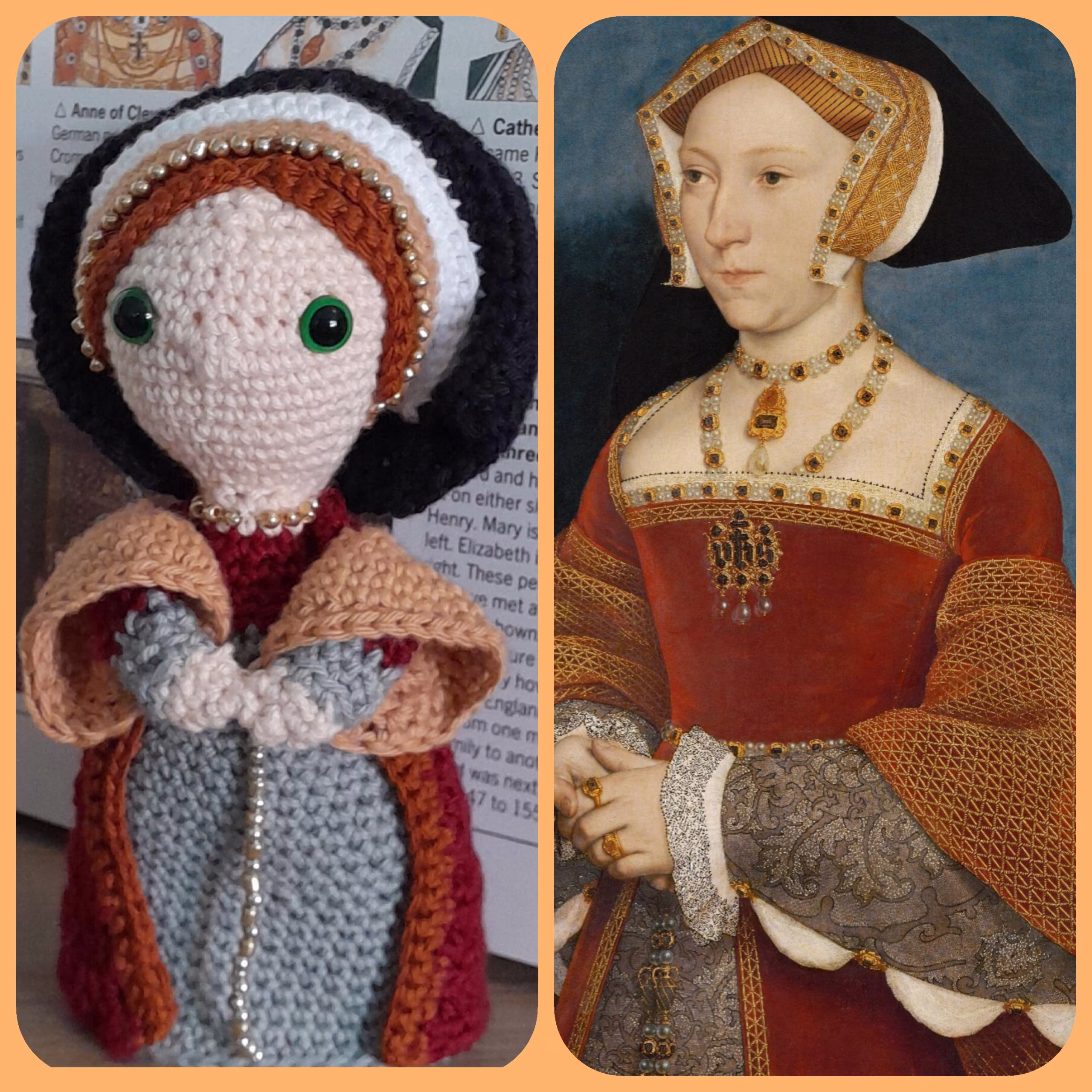 Jane Seymour, third wife of Henry VIII, handmade crochet/amigurumi figure of the historical icon.