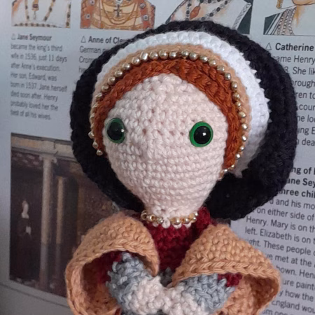 Jane Seymour, third wife of Henry VIII, handmade crochet/amigurumi figure of the historical icon.