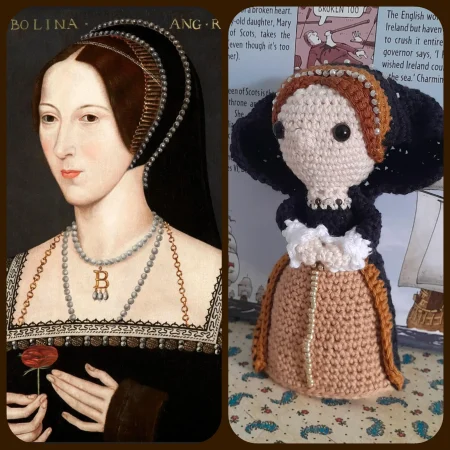 Anne Boleyn, second wife of Henry VIII, handmade crochet/amigurumi figure of the historical icon.