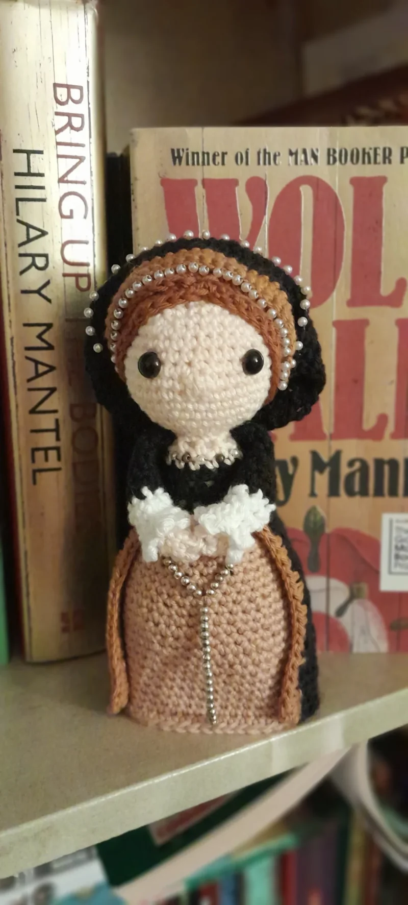 Anne Boleyn, second wife of Henry VIII, handmade crochet/amigurumi figure of the historical icon.