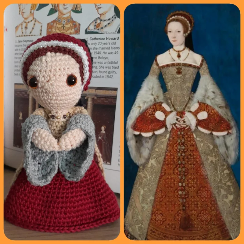 Catherine Parr, sixth wife of Henry VIII, handmade crochet/amigurumi figure of the historical icon.