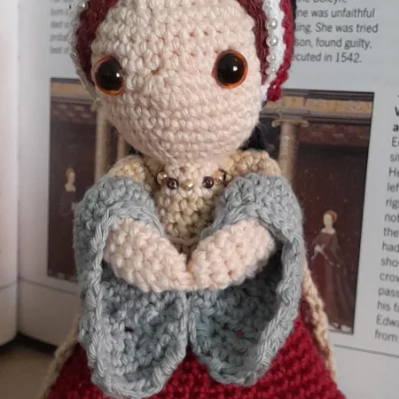 Catherine Parr, sixth wife of Henry VIII, handmade crochet/amigurumi figure of the historical icon.