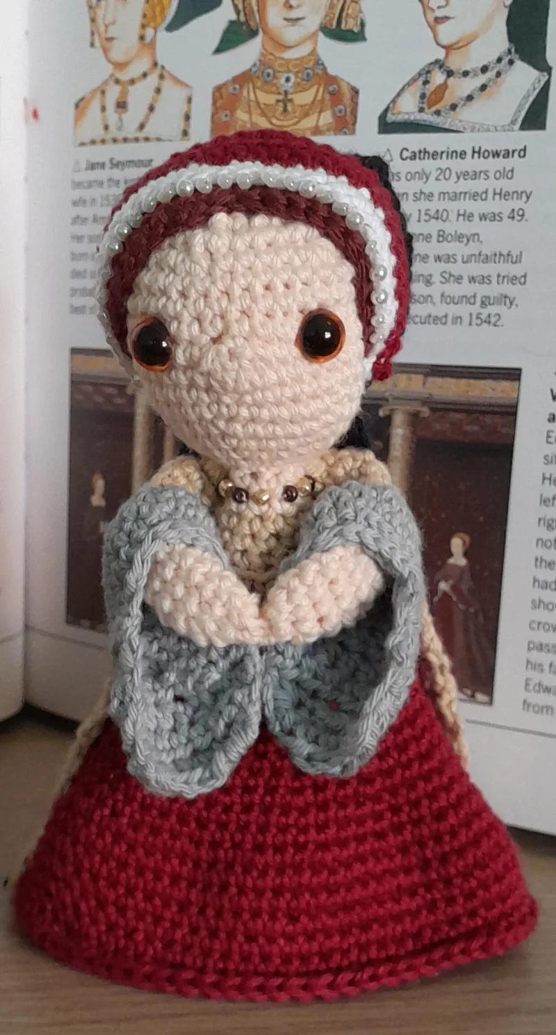 Catherine Parr, sixth wife of Henry VIII, handmade crochet/amigurumi figure of the historical icon.