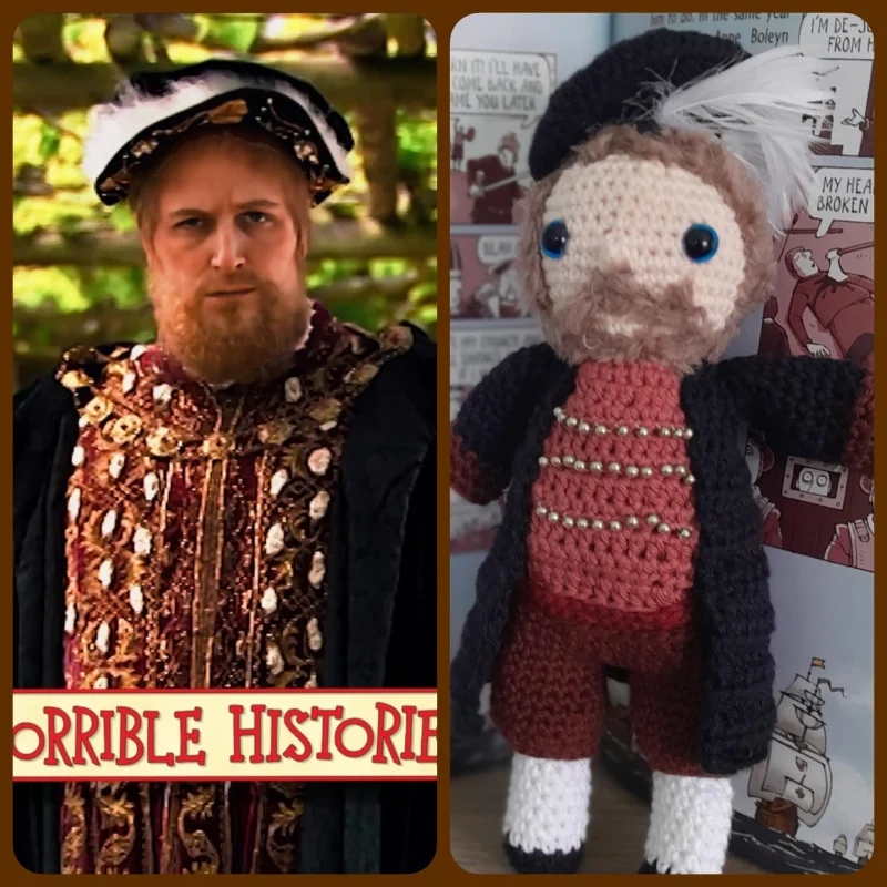 Henry VIII, handmade crochet/amigurumi figure of the historical icon.