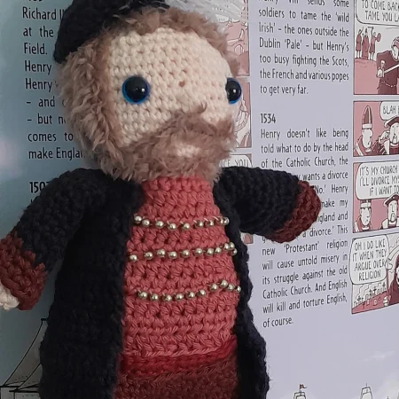 Henry VIII, handmade crochet/amigurumi figure of the historical icon.