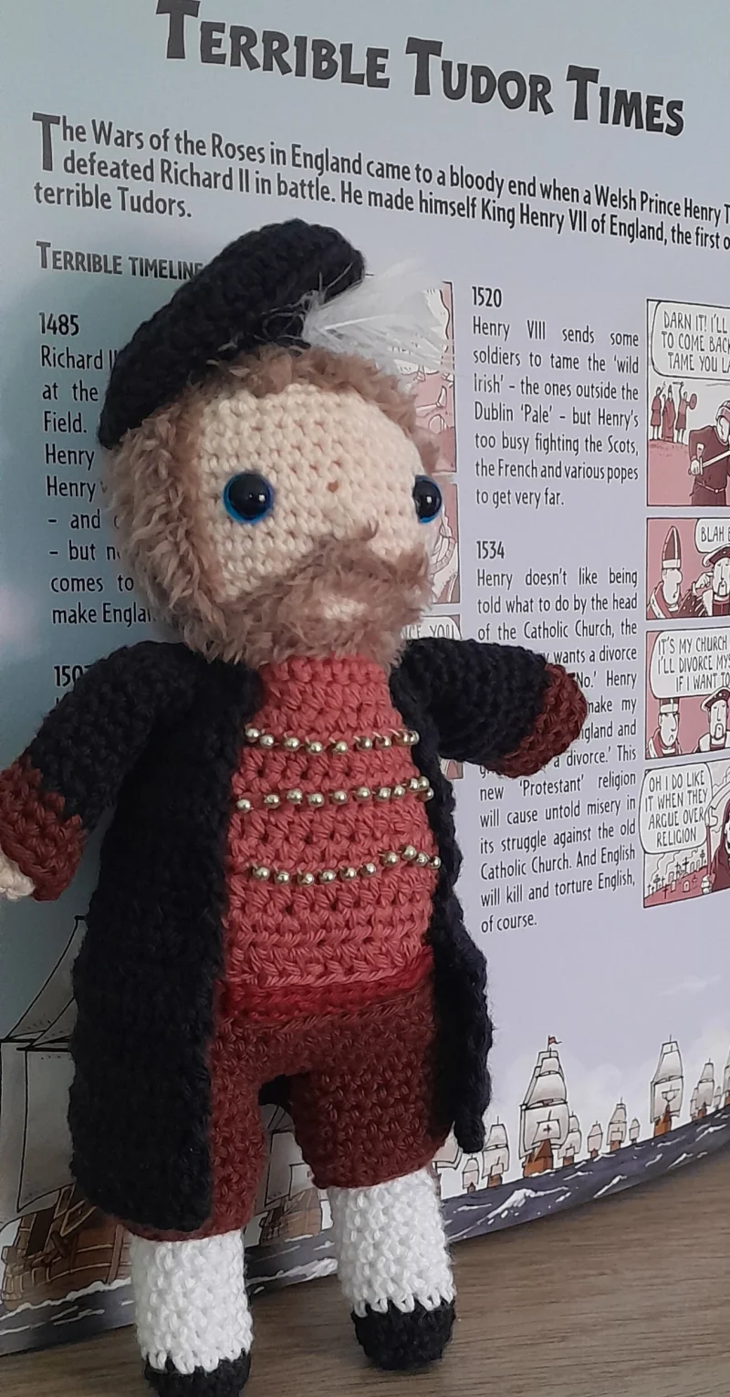 Henry VIII, handmade crochet/amigurumi figure of the historical icon.