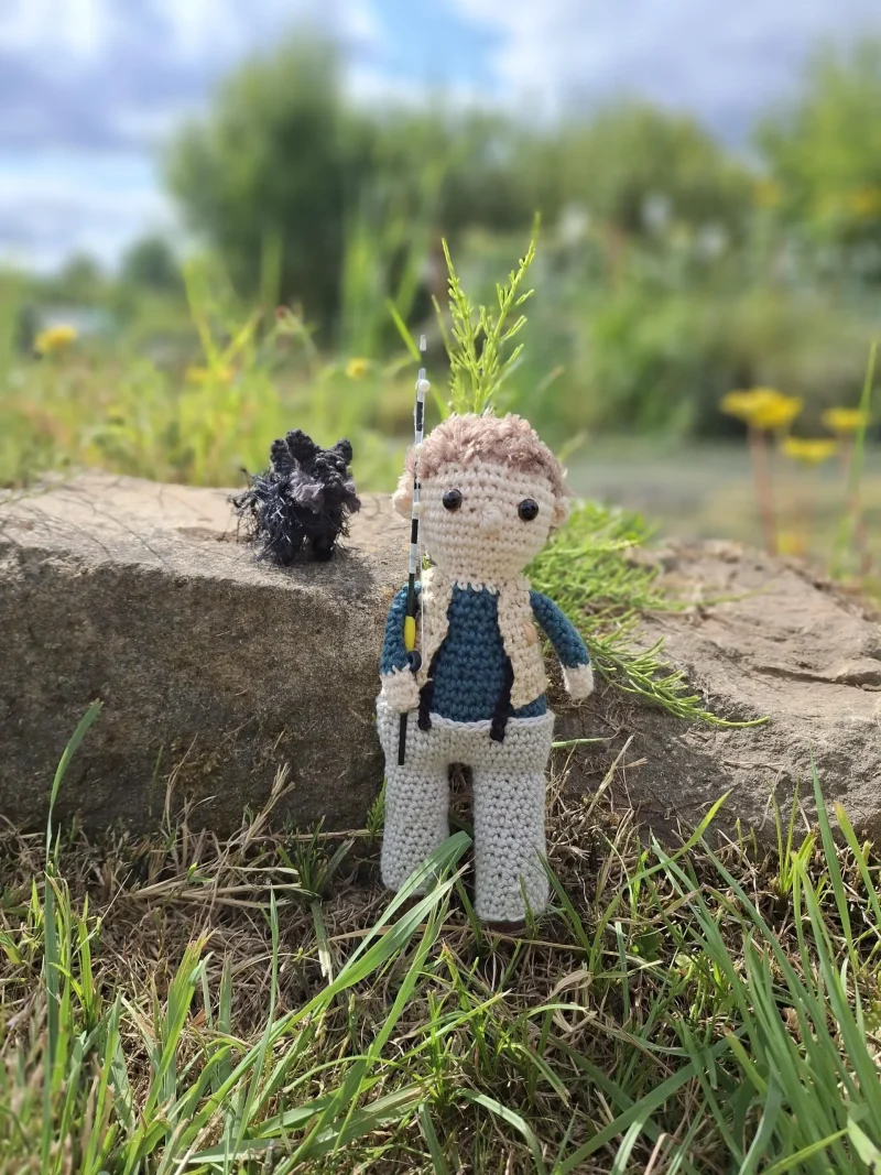Paul Whitehouse, Gone Fishing, handmade crochet collectible