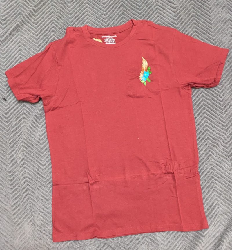 Forget-me-not on feathers hand embroidered t-shirt