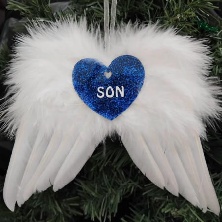Personalised Glitter Hanging White Feather Angel Wings, Angel Wings Christmas Tree Decor