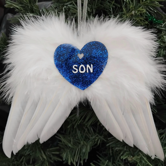 Personalised Glitter Hanging White Feather Angel Wings, Angel Wings Christmas Tree Decor