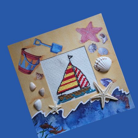 Sailboat, beach theme cross stitch greetings card real shells & starfish! 12cm x 12cm