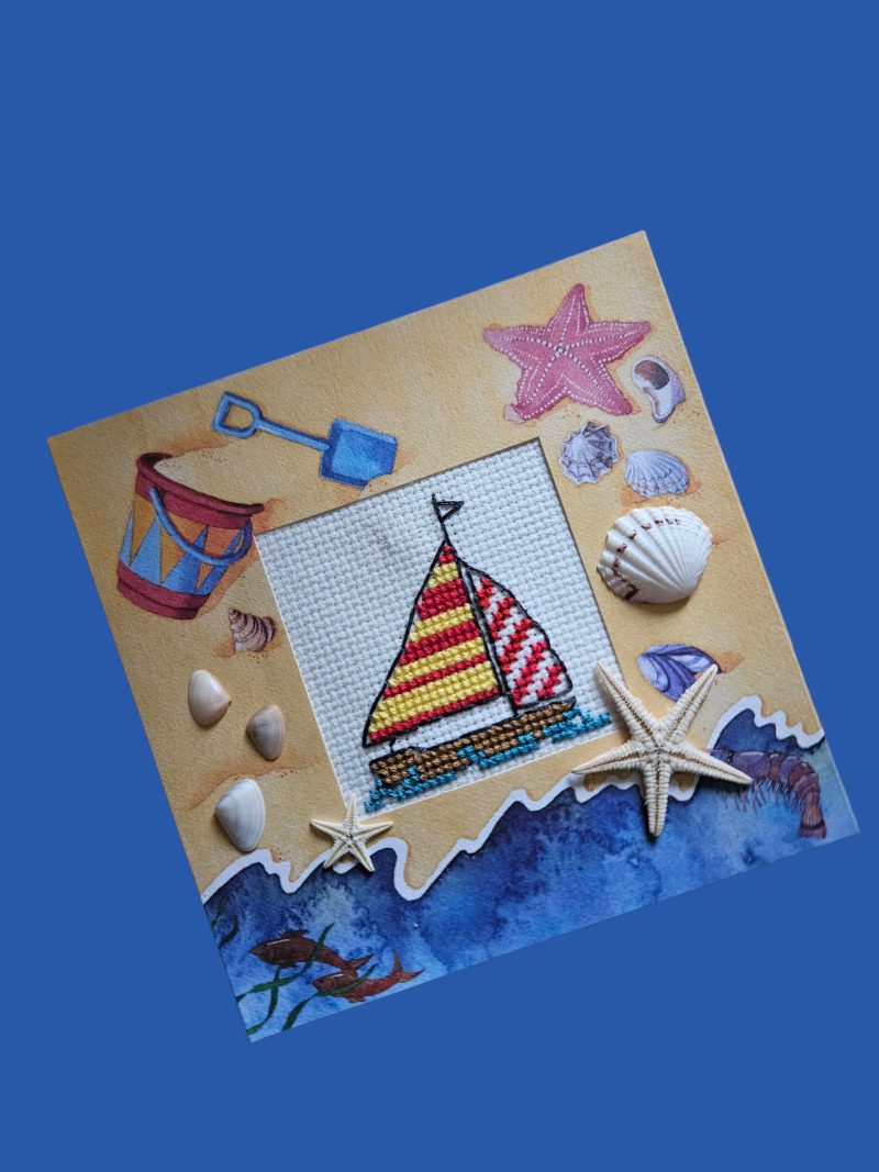 Sailboat, beach theme cross stitch greetings card real shells & starfish! 12cm x 12cm