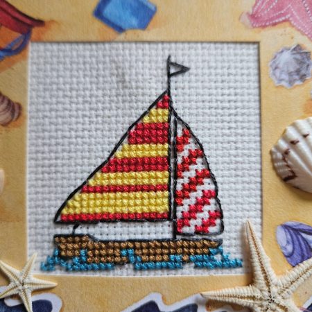 Sailboat, beach theme cross stitch greetings card real shells & starfish! 12cm x 12cm