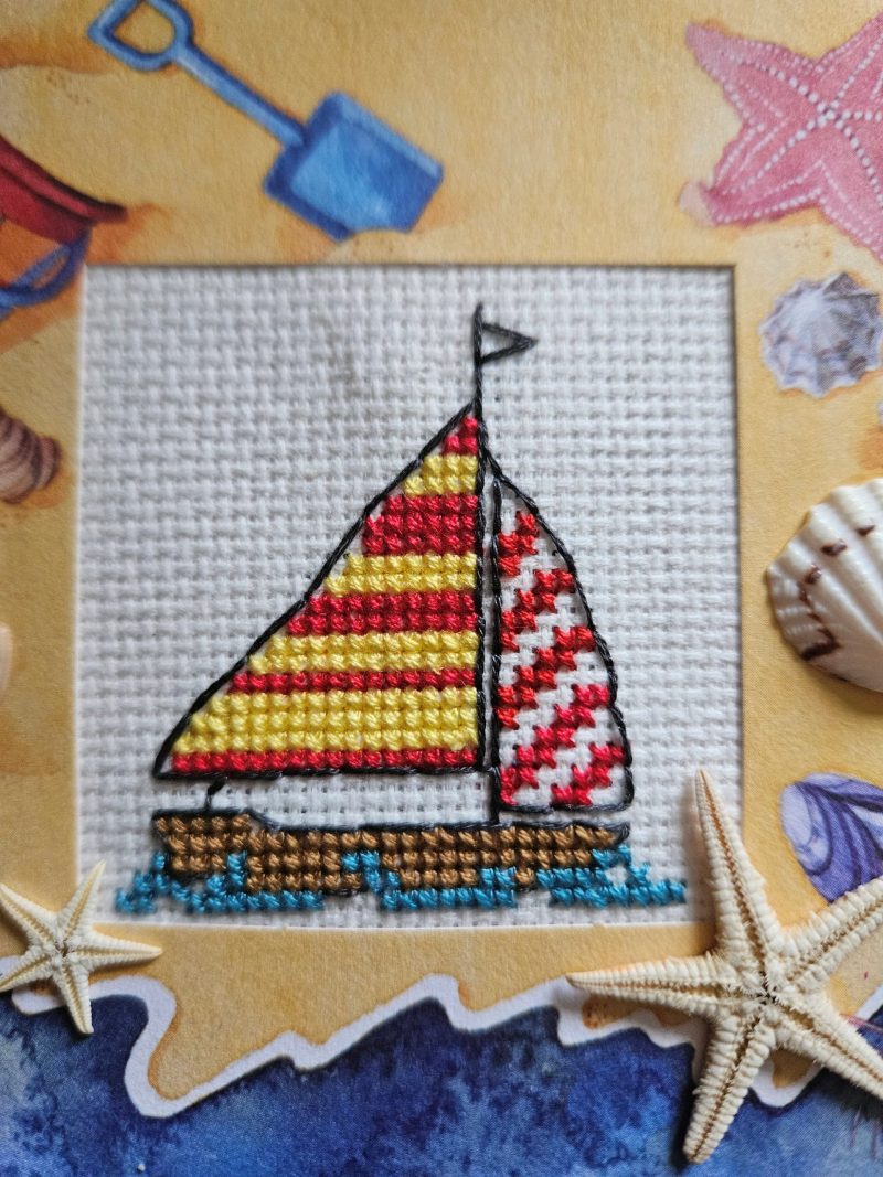 Sailboat, beach theme cross stitch greetings card real shells & starfish! 12cm x 12cm