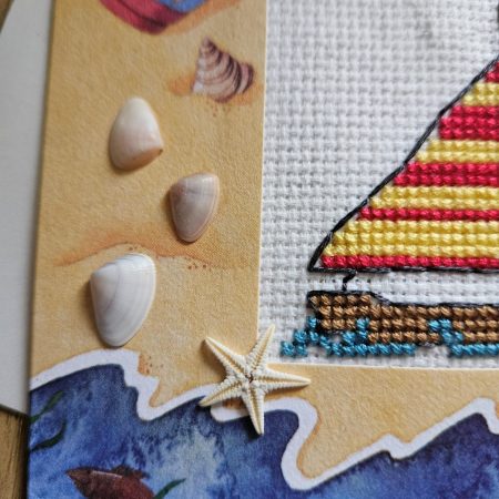 Sailboat, beach theme cross stitch greetings card real shells & starfish! 12cm x 12cm