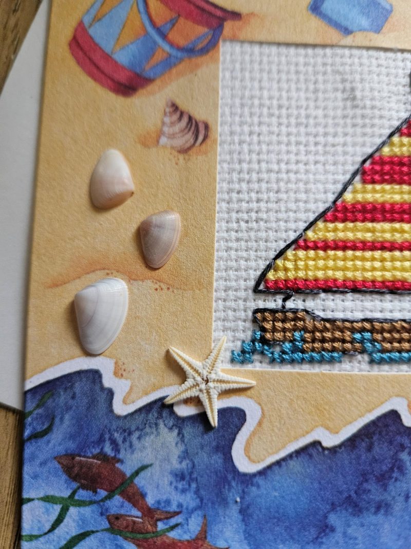 Sailboat, beach theme cross stitch greetings card real shells & starfish! 12cm x 12cm