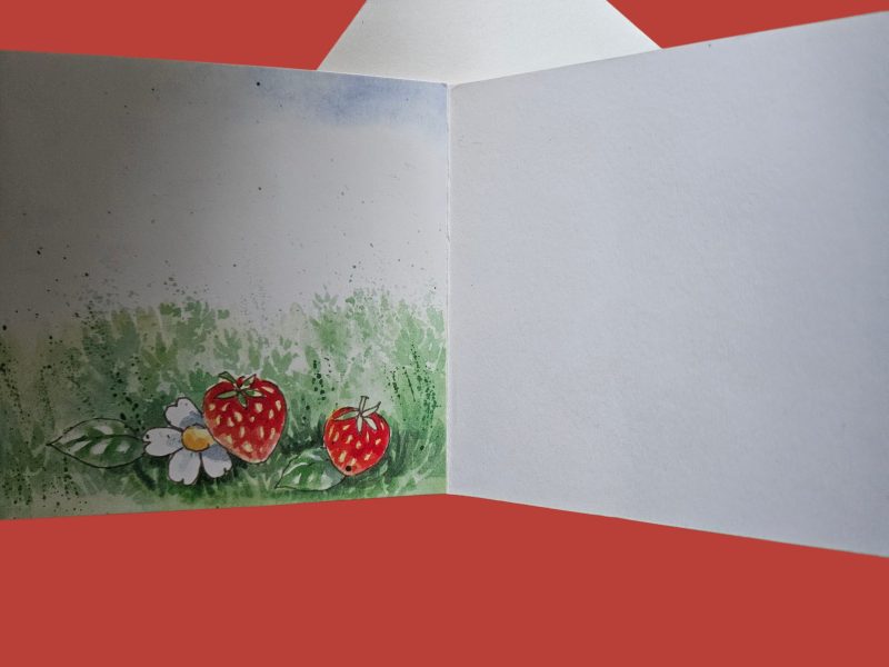 Hand made cute Hedgehog & Strawberrys greetings card 12cm x 12cm