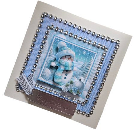 Hand made blue & silver snowman decoupage christmas card 12.5cm x 12.5cm