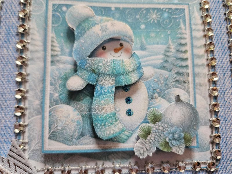 Hand made blue & silver snowman decoupage christmas card 12.5cm x 12.5cm